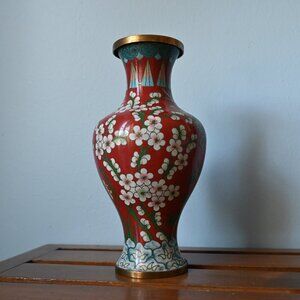 Stunning VTG Chinese Cloisonné Vase 9.5" Red Floral Enamel Cherry Blossom